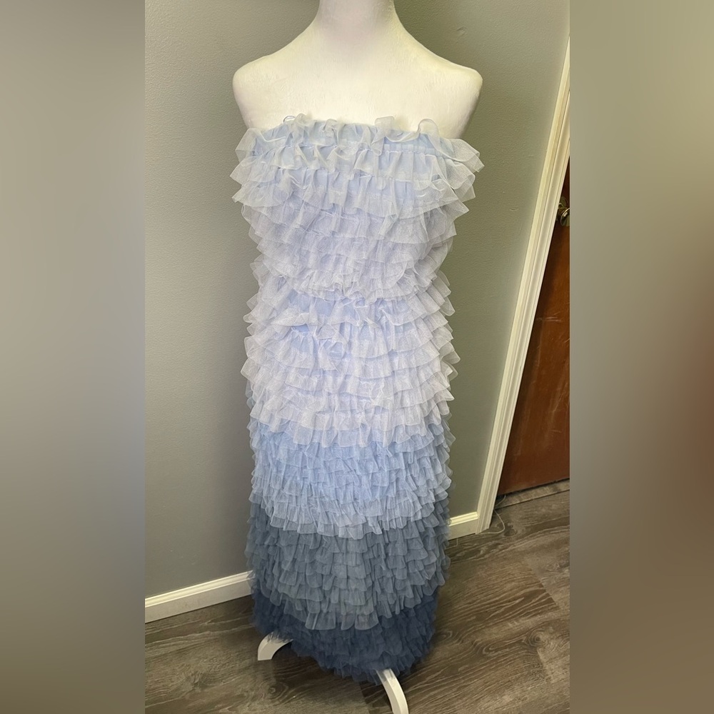 INA Women's NEW‎ Blue Navy Ombre Tiered Ruffle Maxi Strapless Dress Size Small